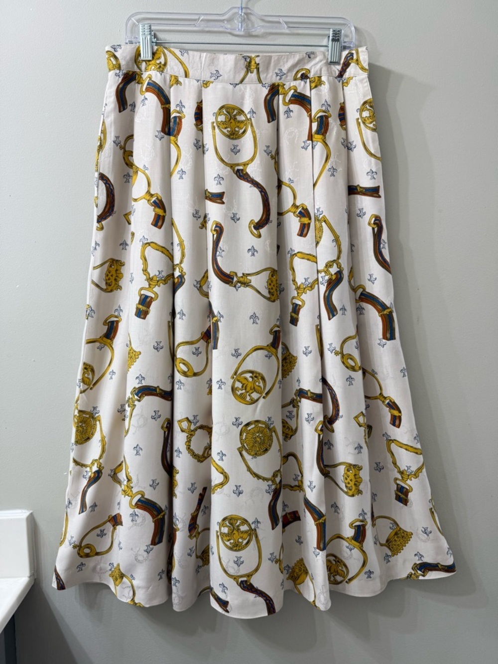 Vintage Equestrian Chain Print Pleated Midi Skirt Sz 16 Old Money Preppy Chic - Picture 3 of 14